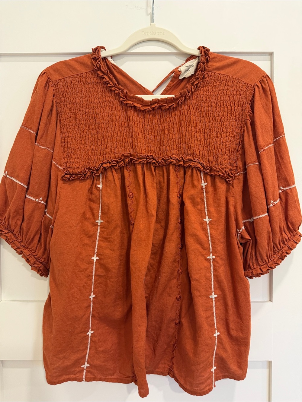 Boheme Rust Smocked Peasant Top with White Embroidery